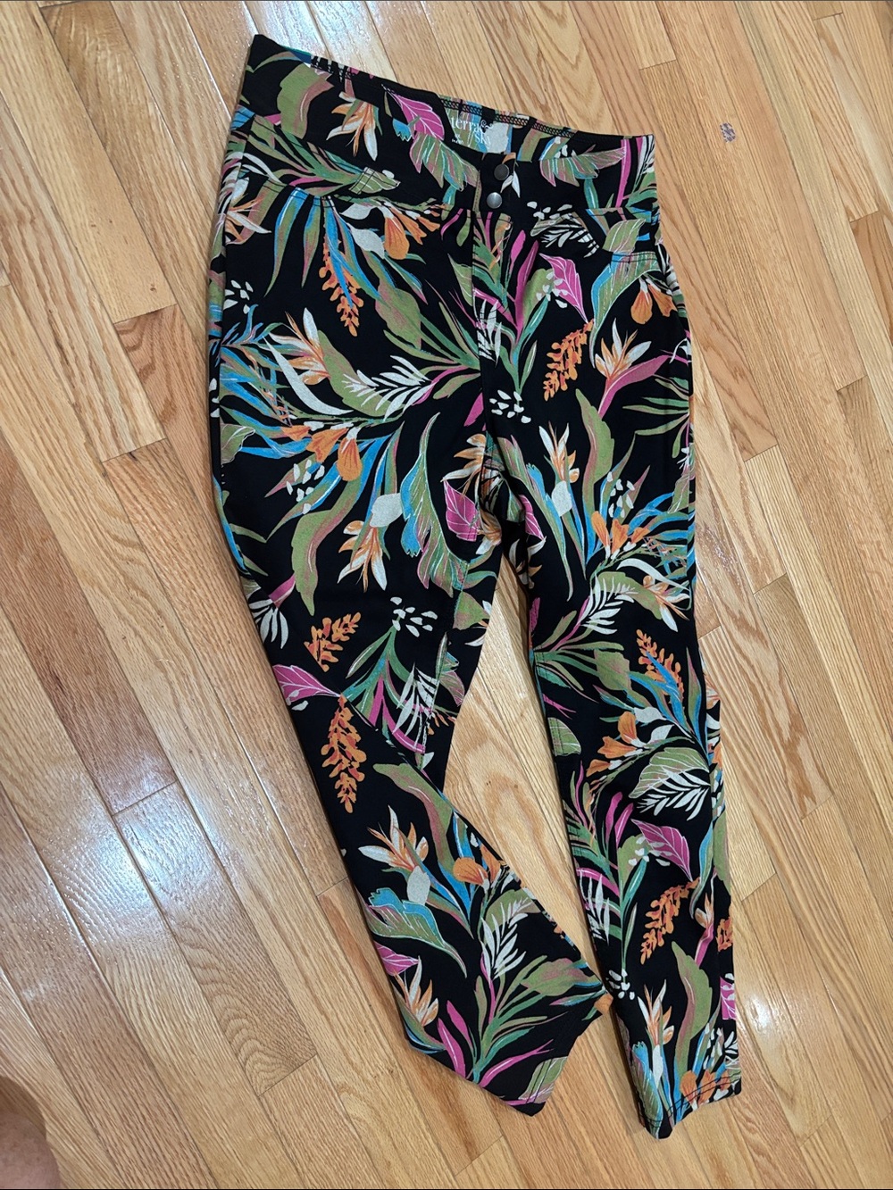Aventura Black Tropical Leaf-Print Pants with Pink & Green Accents